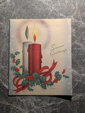 Vintage Seasons Greetings Christmas Card Mid Century Modern MCM Red Candle Holly