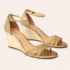 Badgley Mischka Jewel Gold Glitter Wedge Sandals Heels Ankle Strap Size 8 Formal