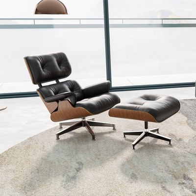 Vintage Tall Eames Lounge Chair and Ottoman Swivel Armchair Real Leather Walnut
