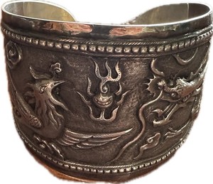 Dragon And Phoenix Cuff Bracelet Substantial 19th C Antique Chinese Pure Silver