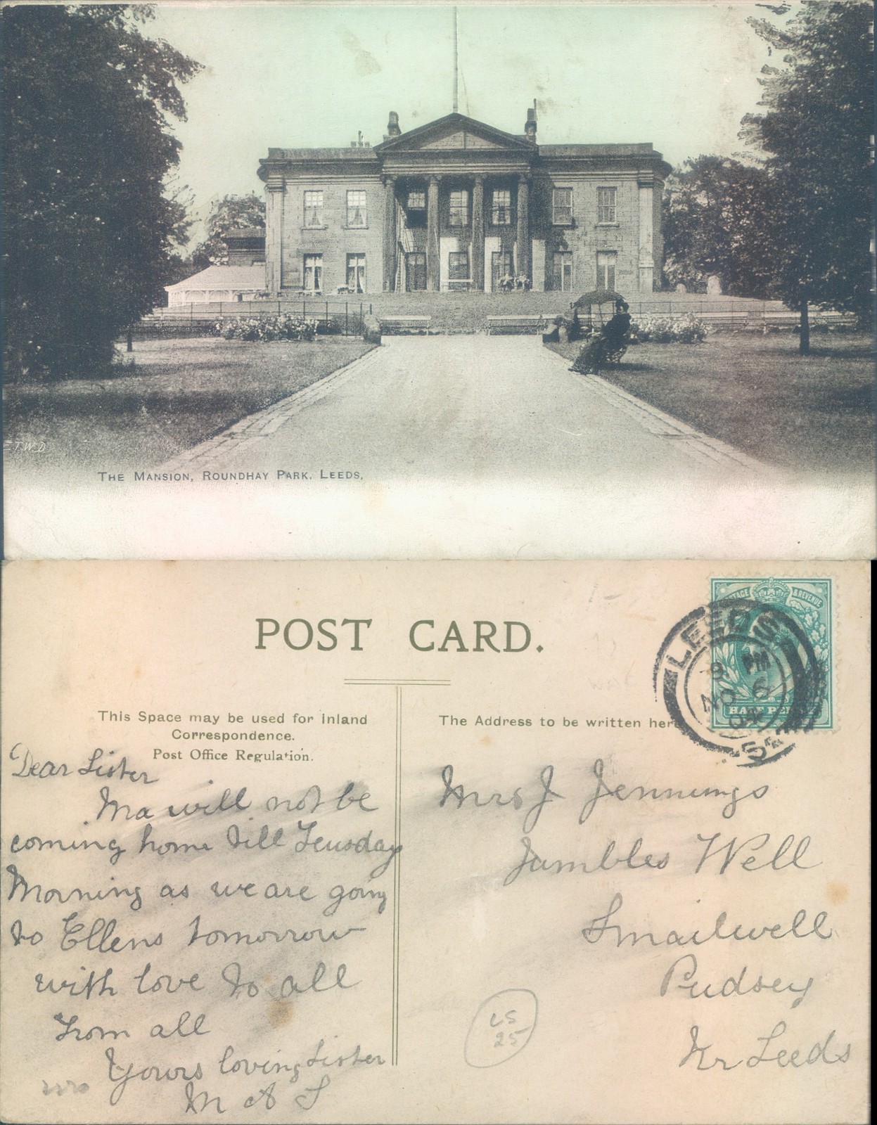The Mansion Roundhay Park Leeds FWD 1906 postmark Architecture Landscapes Cities