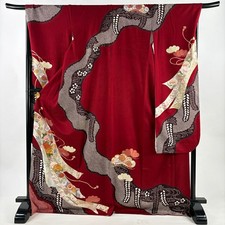 JAPANESE KIMONO FURISODE RED 172.5cm 5 ft 8 in PURE SILK FF9991