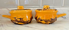 Two vintage (1960s) MCM Laurentian pottery fat lava yellow soup bowls with lids