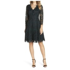 Eliza J Women's Lace Fit & Flare Dress 8 Green/Black Lined V-neck Knee Length