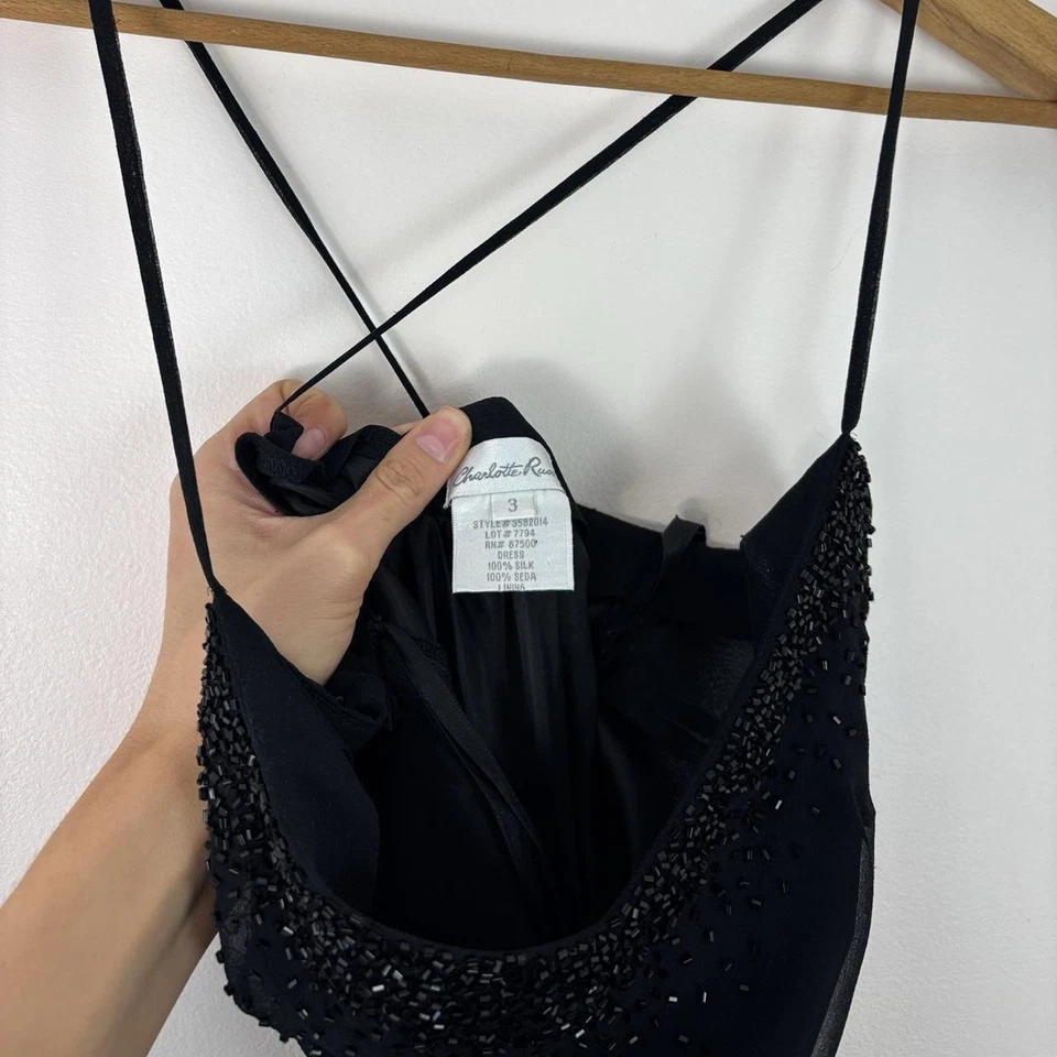 Vintage 90s Black Silk Bias Cut Beaded Evening Gown Size XS Charlotte Russe - Image 4 of 4