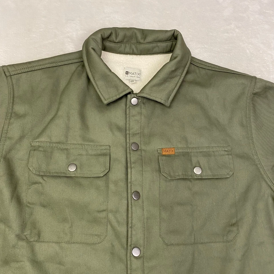 MATIX Mens XL Shirt Jacket Olive Green Cotton Blend Sherpa Lined Snap Front - Image 2 of 4