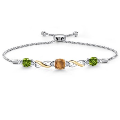 925 Silver and 10K Yellow Gold Brown Tiger Eye and Peridot and White Lab Grown
