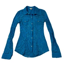 G By Guess Lace Button Up Shirt Women XS Blue Sheer Boho Western Pearl Snap Top