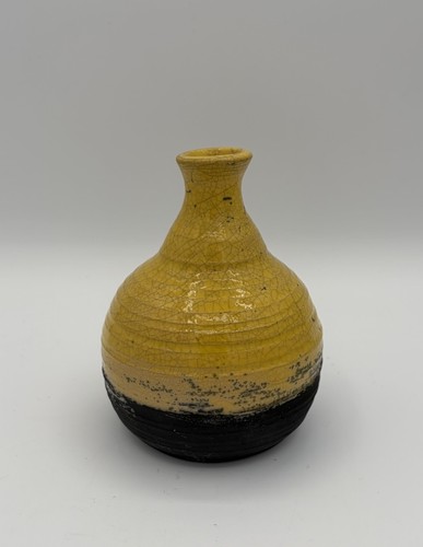 Vivid Yellow Raku Crackle Abstract Brutalist Studio Art Pottery Vase 5" Signed