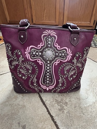 montana west concealed carry purse Vegan Leather Studded Purple/wine Rhinestone