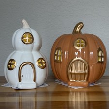 2026 Target Bullseye Ceramic Light Up Pumpkin House Fall/Halloween Set Of 2 NWT