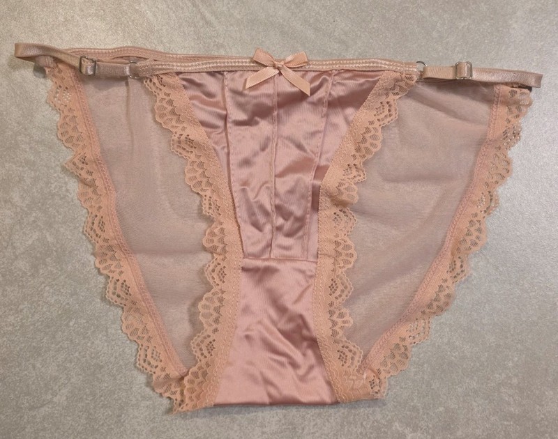 Sexy Satin Front Lace Trim Mesh Back Adjustable String Bikini Pink Panties L