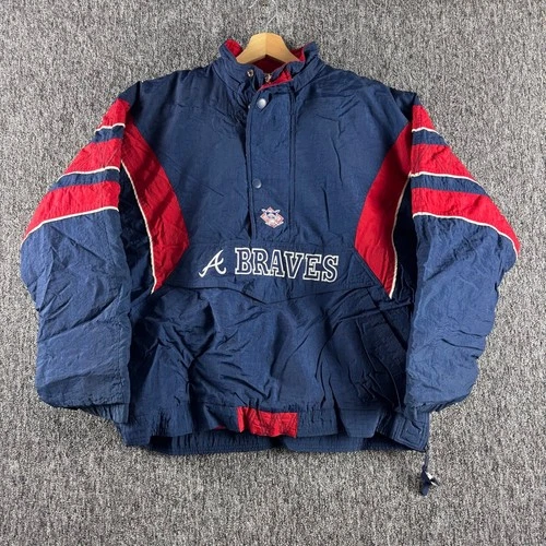 Vintage 90s Starter Atlanta Braves MLB Pullover Puffer Jacket Navy Red Large - product listing photo