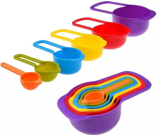 Durable Plastic Multi Color Measuring Cups Spoons 6 Piece Set Kitchen Tools - Picture 1 of 6