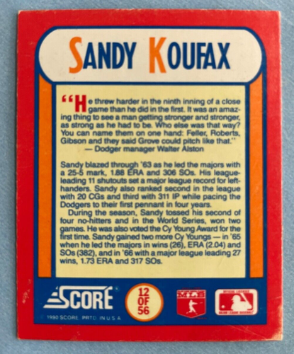 1990 Score Baseball The MVP's #12 Sandy Koufax - Picture 2 of 2