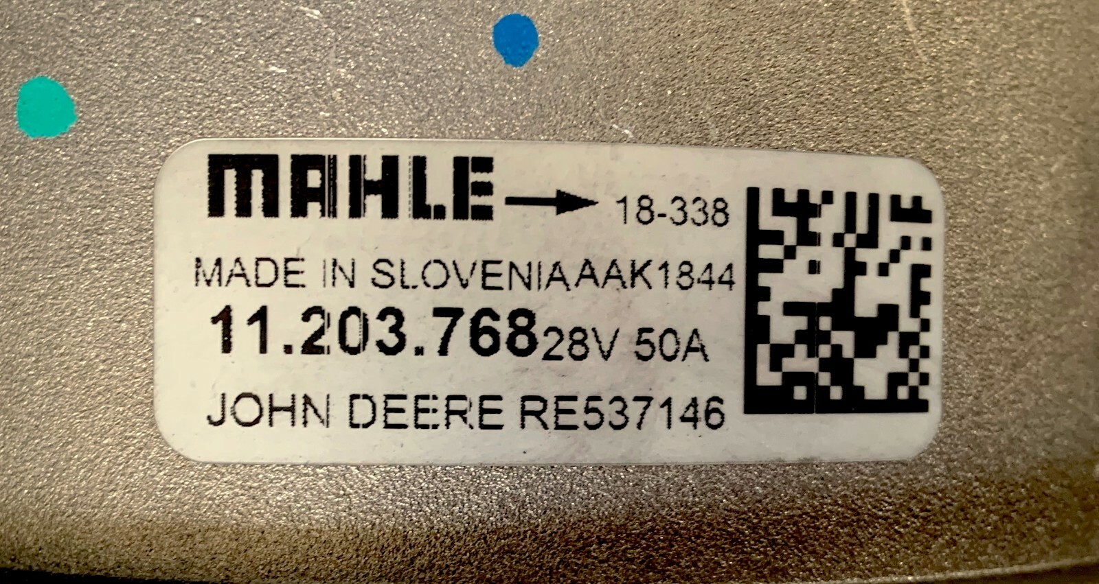 JOHN DEERE ALTERNATOR RE537146 GENUINE OEM, 28V 50A ISKRA MAHLE  