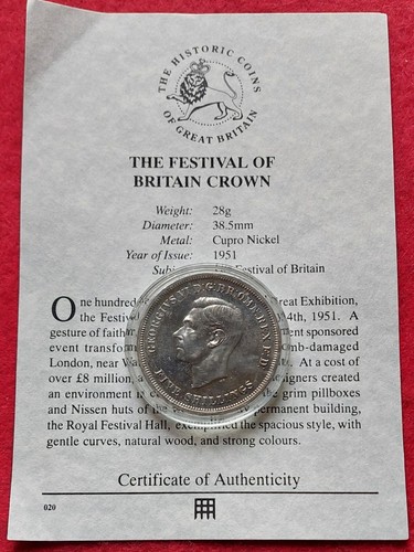 George VI 1951 FESTIVAL DE GRAN Bretaña corona alta calidad en cápsula con certificado de autenticidad - Imagen 2 de 5