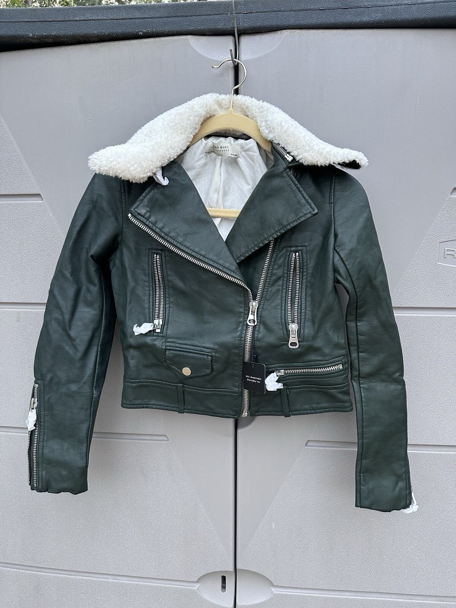 Zara Women faux leather Removable shearling Collar green biker