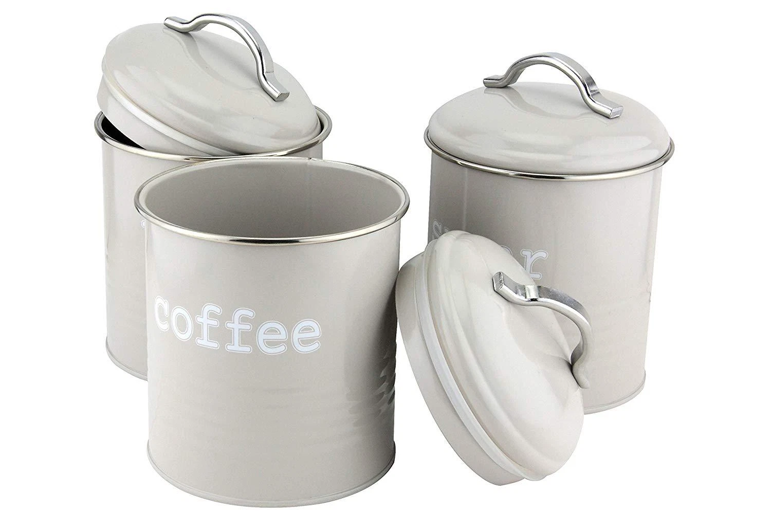 3pc Round Airtight Canister Set Grey Tea Sugar & Coffee Storage Jars Container