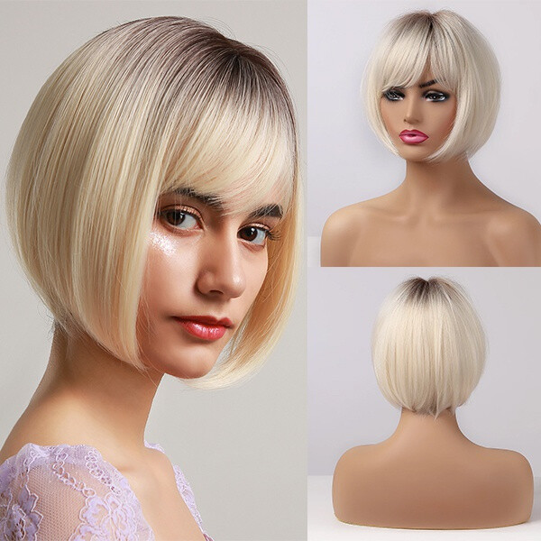Bob Short Wigs Dark Roots Ombre Blonde Wigs with Bangs  display picture 1