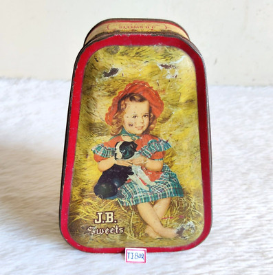 1950s Vintage Girl Hugging Dog JB Mangharam Sweets Advertising Tin