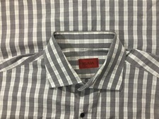 ISAIA Gray Check 100 Cotton Spread Collar Mens Dress Shirt Sz 17 ITALY