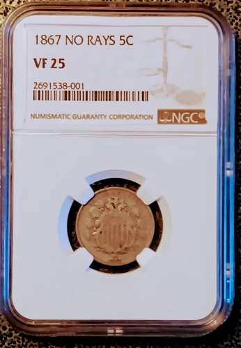 1867 No Rays 5cents Vf25 Ngc