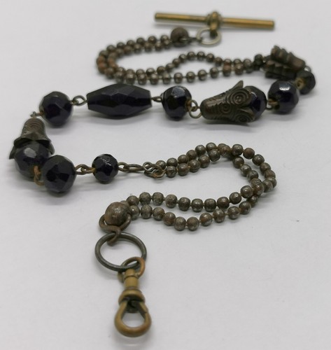 Vtg c1900 Steel Bead, Carved Wood & Black Jet Mourning Pocket Watch Albert Chain - Picture 2 of 12
