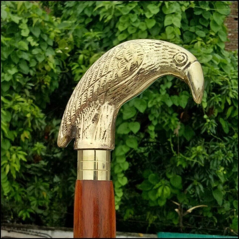 Antique Style Brass Solid Crow Handle Wooden Walk… - image 1