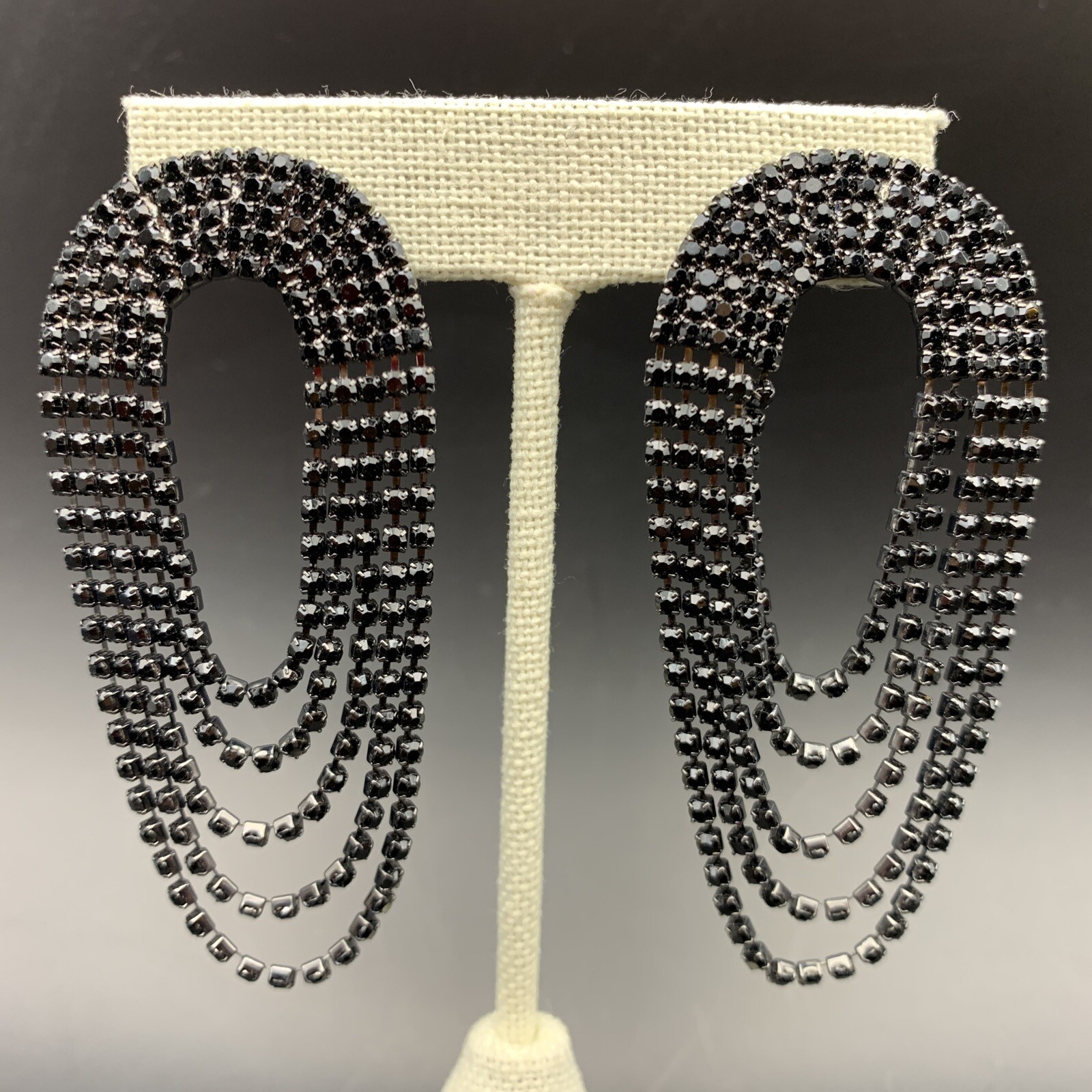 Dramatic Black Rhinestone Earrings Swag Drape Dan… - image 1