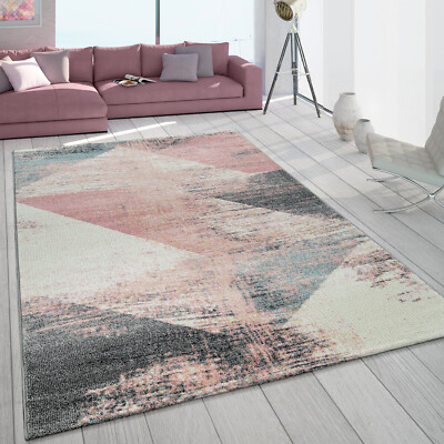 Teppich Wohnzimmer Grau Weiß Rosa Pastell Dreieck Muster Vintage Design Kurzflor