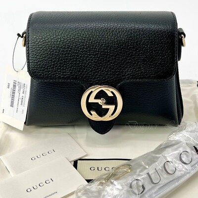 NEW GUCCI Interlocking GG Black Leather Small Crossbody Shoulder