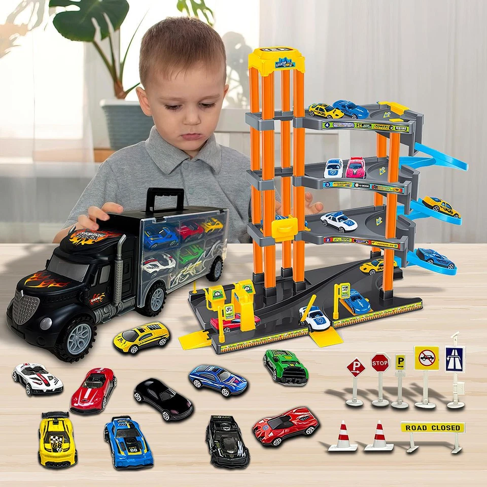 Interactive Transport Truck Playset 4-Story Parking Garage Spiral Ramps Cars - Image 2 of 4