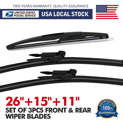 Front+Rear Wiper Blades Set 26''+15''+11 OEM Quality Beam Premium Hybrid silicone