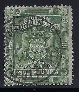 Rhodesia, 1890, Scott #18, 5 pounds, yellow green, Used