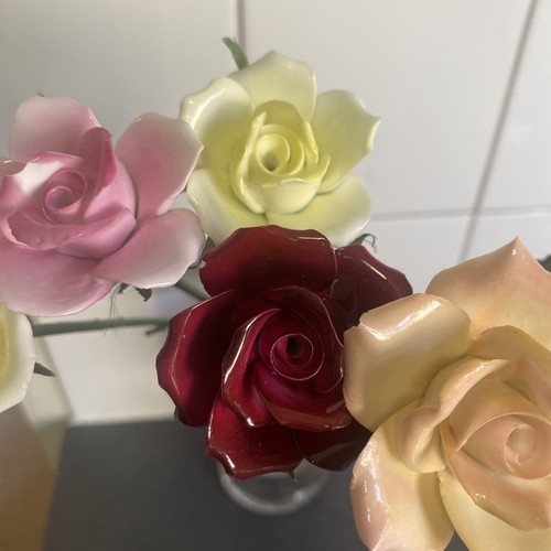 6 Vintage Porcelain Pink Roses Long Stem w Plastic Leaves 39cm - Picture 3 of 7
