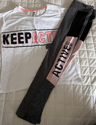 H&M Mädchen Trainingsanzug 2-teilig T-Shirt 'KEEP ACTIVE' & Leggings 140