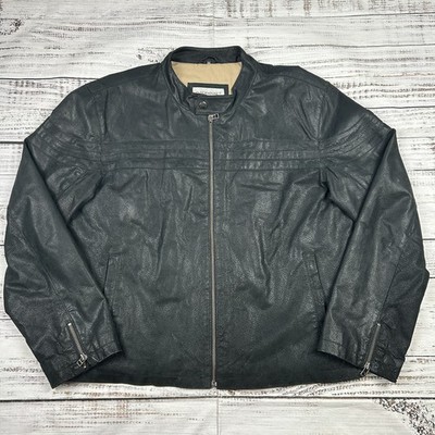 VTG Men s Black Suede Moto Jacket Striped Pig Split Leather Clock House Coat XL