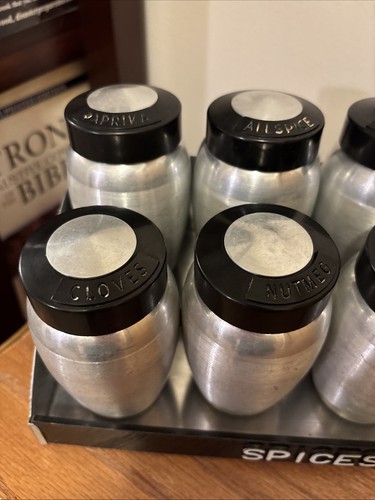 Vintage Kromex Spun Aluminum 8 Piece Spice Jar Set w/Rack MCM Atomic Style - Picture 6 of 14