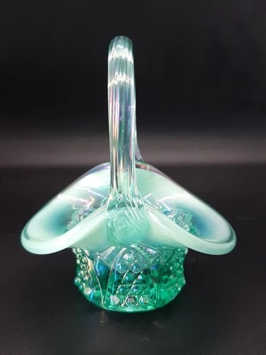3in Vintage Fenton rare iridescent Teal Green  Basket. glows under blacklight.
