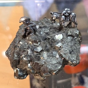 Pewter Gold Miner & Donkey Figure Panning on Pyrite Fool’s Gold Cluster Vintage