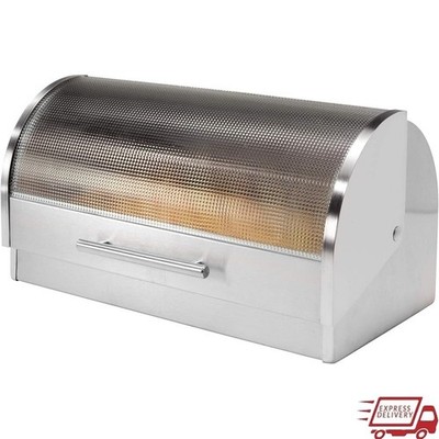 Stainless Steel Bread Box W/ Roll Top Glass Lid Fresh Bread Cookies Muffins New