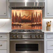 Copper Tone Mountain Glass Tree Landscape Printed Tempered Kitchen Backsplash