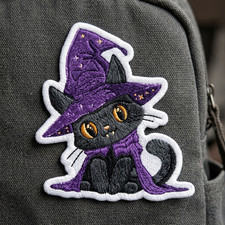 Embroidered Black Cat Witch Patch Halloween Cute Magic Iron On