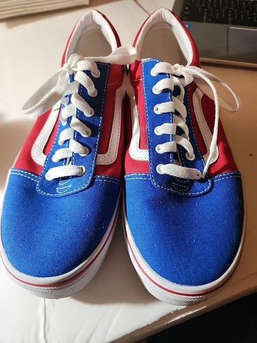Scarpe da skateboard VANS Youth taglia 6 rosse bianche blu a scacchi vecchia scuola *PULITE*
