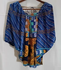 VOOM by Joy Han Women's Angel Sleeve Silk Top Fairy Y2K Whimsy SzS Blue Abstract