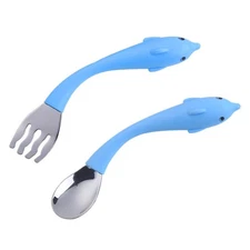Stainless Steel Baby Tableware Set with Bendable Spoon and Fork Dolphin Desig...