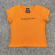 Vtg Harley Davidson Women's Baby Tee Shirt Short Sleeve Orange Embroidered Sz L