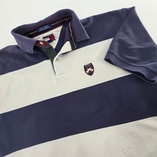 VINTAGE 90S TOMMY HILFIGER RUGBY POLO MENS XL BLUE WHITE STRIPED EMBLEM READ 