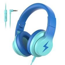 Kids Headphones Wired Microphone, 85 94dB Volume Limiter Foldable Gradient Blue